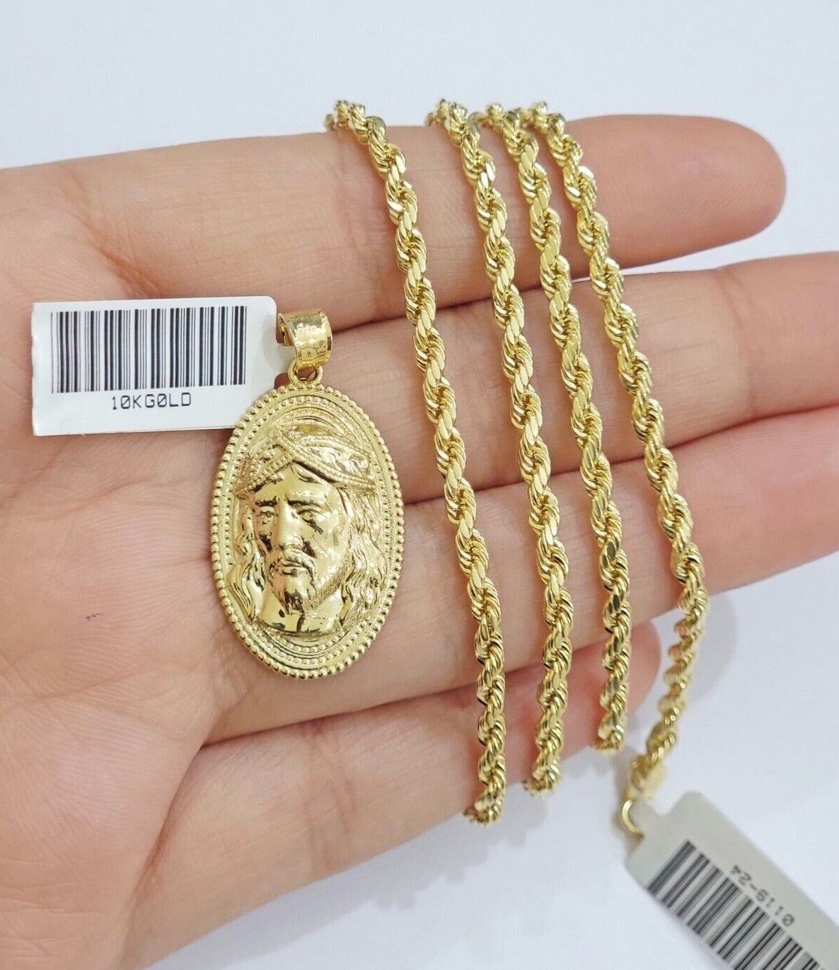 10k Gold Rope Chain Jesus Head Charm Pendant Set 18 - 28" Inch 3mm Necklace REAL - GoldenlinQ